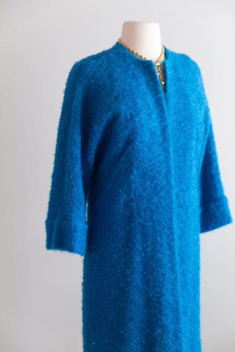 Brilliant 1960s Teal Blue Wool and Mohair Boucle Duster Coat / M