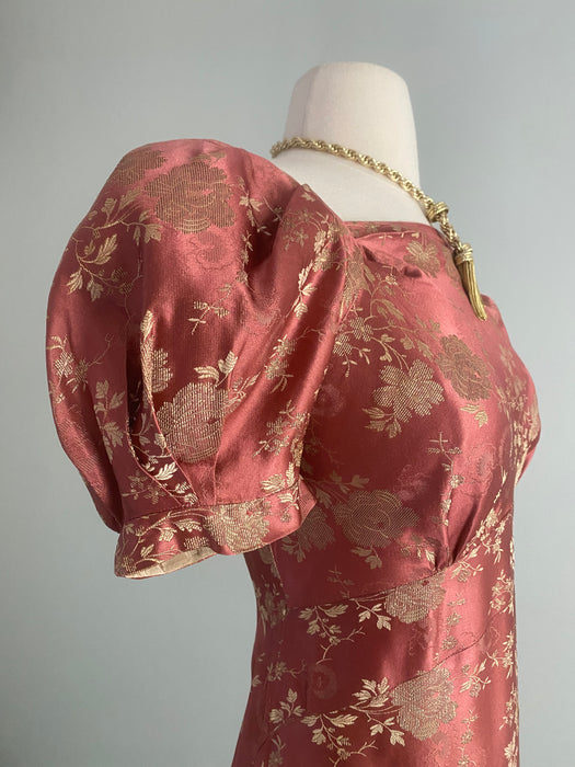 Gleaming 1930's Autumn Rose Silk Brocade Evening Gown / Small