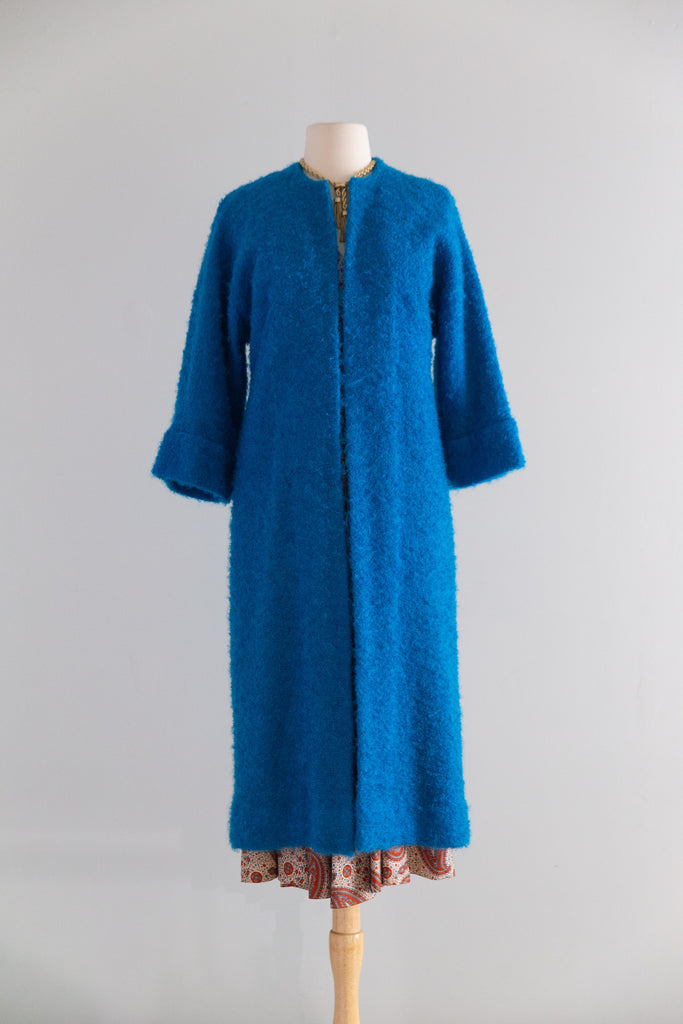Brilliant 1960s Teal Blue Wool and Mohair Boucle Duster Coat / M