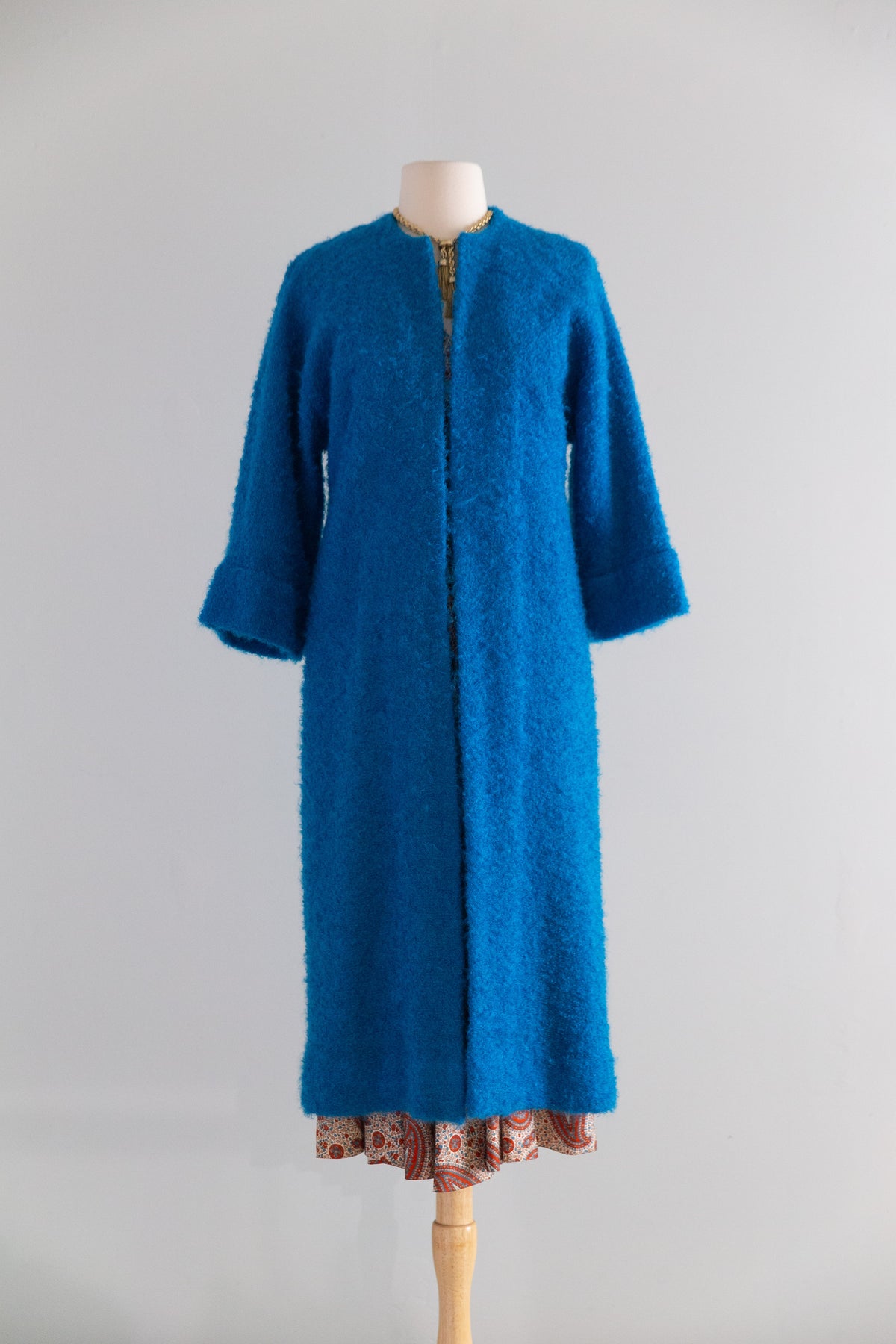 青*子様 60's U.K. VINTAGE PURE WOOL COATウール Brilliant 1960s Teal Blue Wool and Mohair Boucle Duster Coat / M