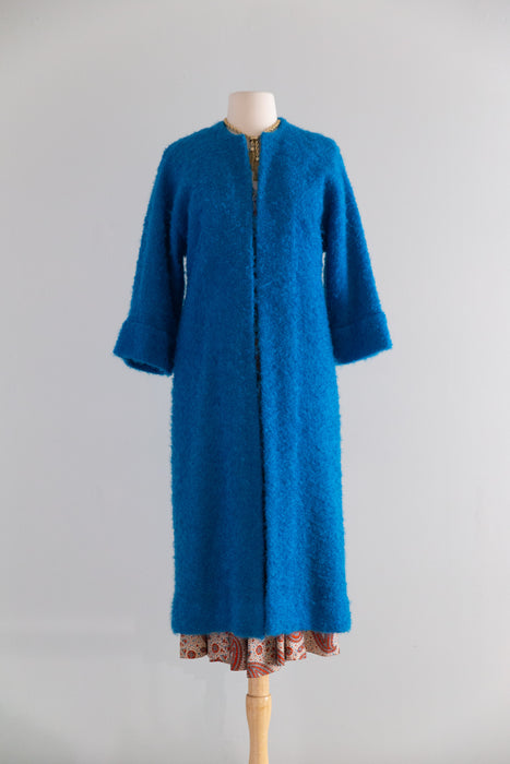 Brilliant 1960s Teal Blue Wool and Mohair Boucle Duster Coat / M
