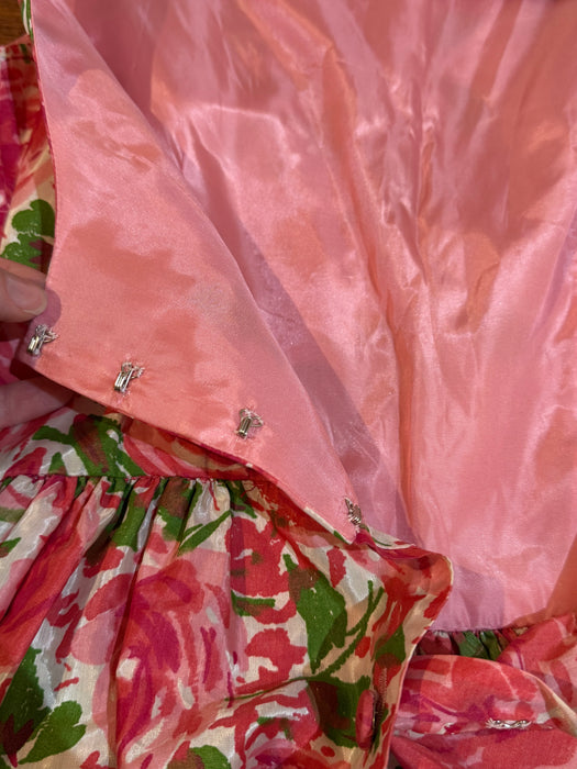 Darling 1950's Pink Rose Print Dress With Bateaux Neckline & Full Skirt / S