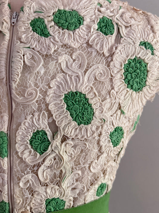 Fabulous 1960's Bob Bugnand Ivory Soutache Lace With Green Polka Dots & Bow / SM