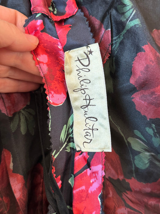 Stunning 1950's Philip Hulitar Poppy Print Cocktail Dress With Floral Appliques / SM