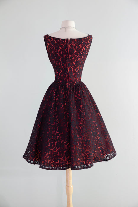 Fabulous Early 1960's Lace Party Dress In Black & Fire Engine Red / Small