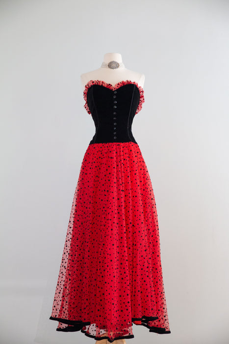 Fabulous Early 80's Caroline Charles London Black Velvet &  Polka Dot Tulle Gown / SM