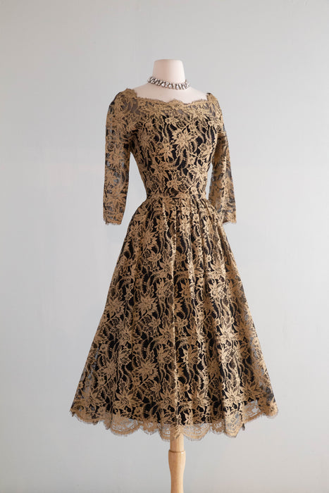 Rare 1950's Jacques Heim Cocktail Dress In Black Net and Gold Thread Lace / M