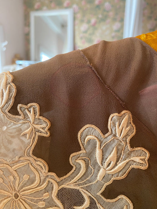 Gorgeous 1920's Bittersweet Cocoa Silk Afternoon Dress With Embroidered Antique Lace / Small