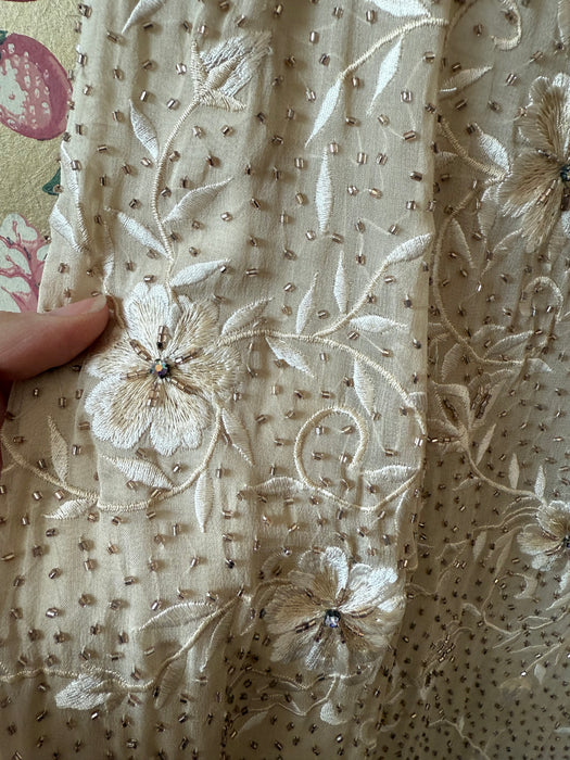 Dreamy Vintage Beaded and Embroidered Champagne Silk Chiffon Bridal Gown / ML