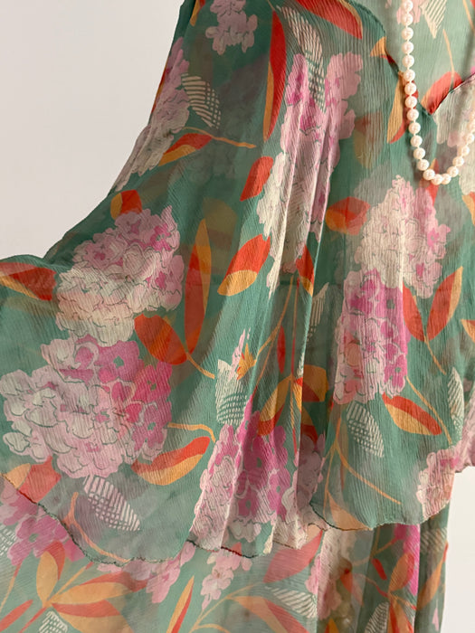 Exquisite Late 1920’s Green Silk Hydrangea Print Dress And Jacket Set / S