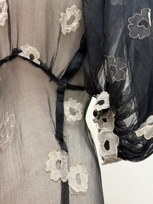 Ethereal 1930's Embroidered Sheer Black Silk Net Bias Cut Gown / S