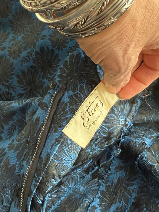 Fabulous Late 1950's Estevez Midnight Blue Brocade Party Dress / S