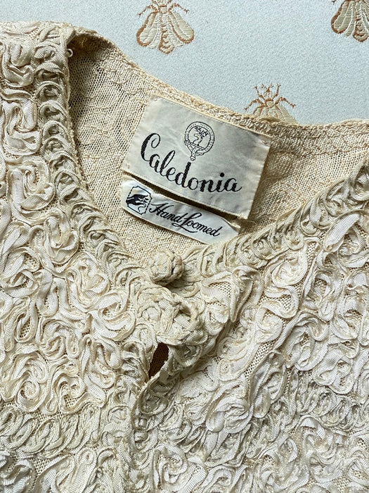 Elegant 1950's Caledonia Hand Loomed Ribbon Knit Dress & Matching Sweater / M