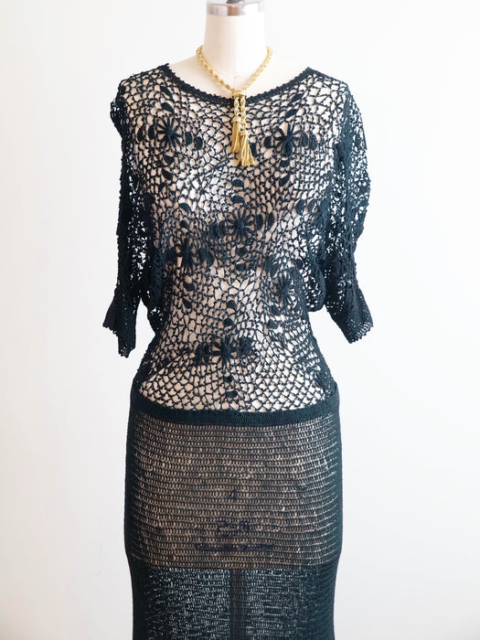 Exquisite 1930’s Hand-Crocheted Forest Green Evening Dress / m