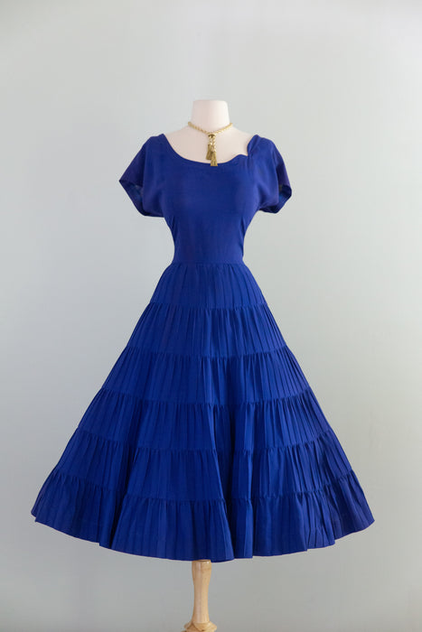 Stunning 1950's Larry Aldrich New Look Starburst Pleated Dress In Yves Klein Blue / M