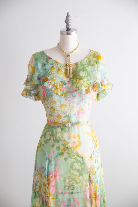 Dreamy 1930's Impressionist Floral Print Silk Chiffon Dress / SM