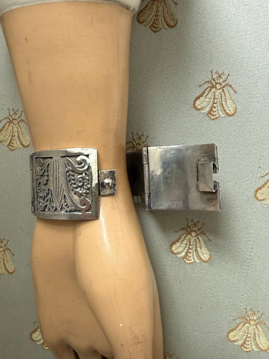 Gorgeous Vintage Wide 1950’s Sterling Silver Bracelet By Talleres De Los Ballestros Mexico