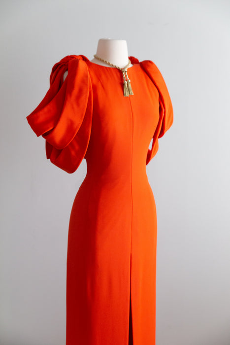 Stunning 1980’s Vermillion Silk Crepe Couture Evening Gown By Jacqueline de Ribes / S