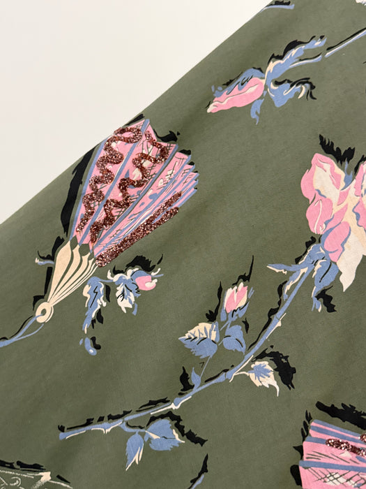 FAN-tastic Rare 1950's Novelty Print Blouse and Skirt Set In Polished Cotton With Glittering Fans / M