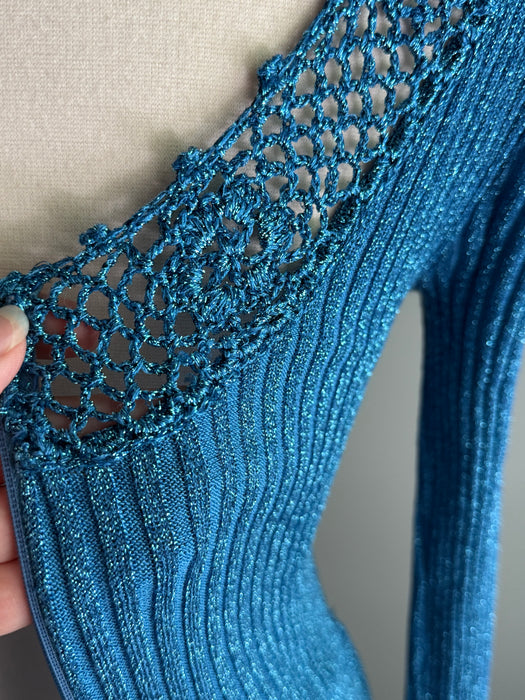 Stunning 1970's Mermaid Blue Metallic Lurex Knit Maxi Dress / SML