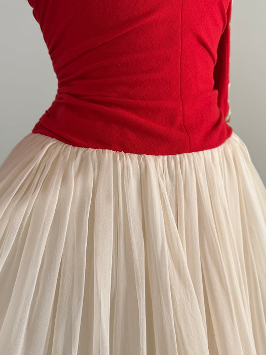 1950's American Beauty Rose Embroidered Party Dress By Claudia Young / Small