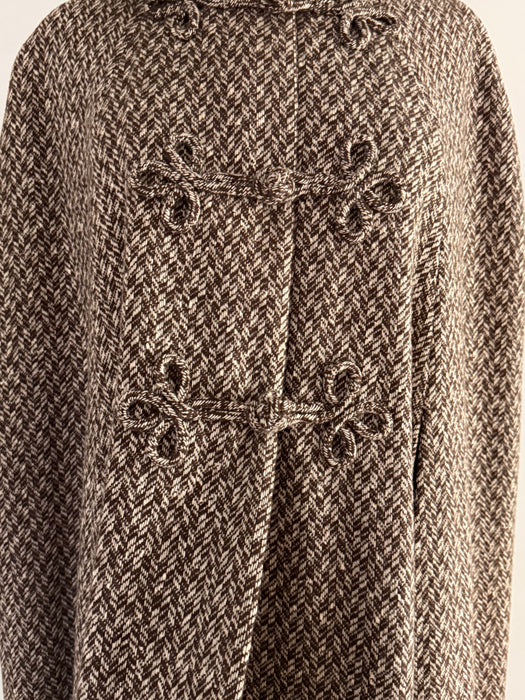 Dramatic 1970’s Wool Herringbone Full Length Hooded Cape / OSFM