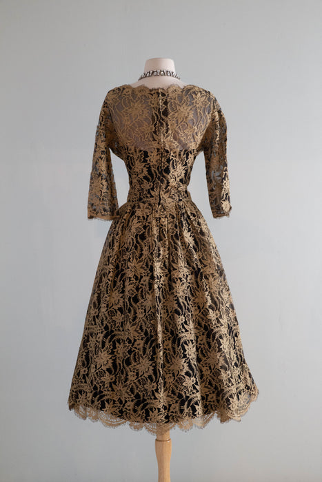 Rare 1950's Jacques Heim Cocktail Dress In Black Net and Gold Thread L Xtabay Vintage Rare 1950's Jacques Heim Cocktail Dress In Black Net and Gold Thread L Xtabay Vintage