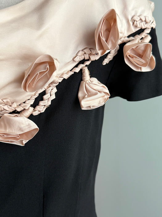 Fabulous 1950's Little Black Dress By Patullo Jo-Copeland with Pink Roses / M