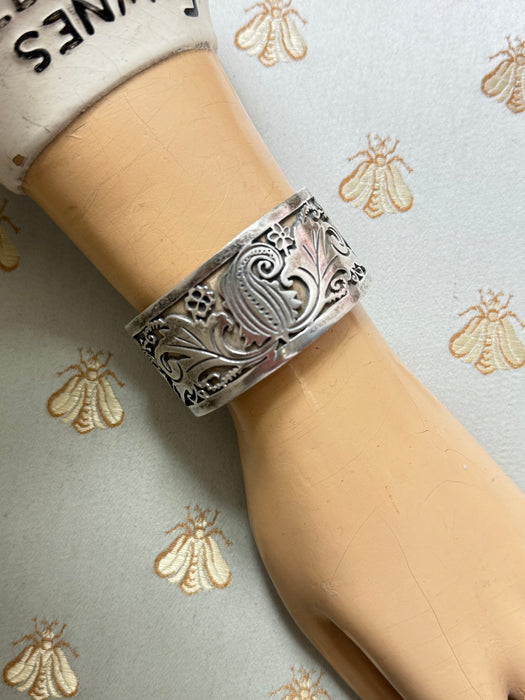 Gorgeous Vintage Wide 1950’s Sterling Silver Bracelet By Talleres De Los Ballestros Mexico