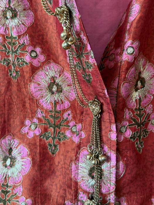 Incredible 1960's Indian Silk Shift Dress With Metallic Gold Embroidered Thread / M