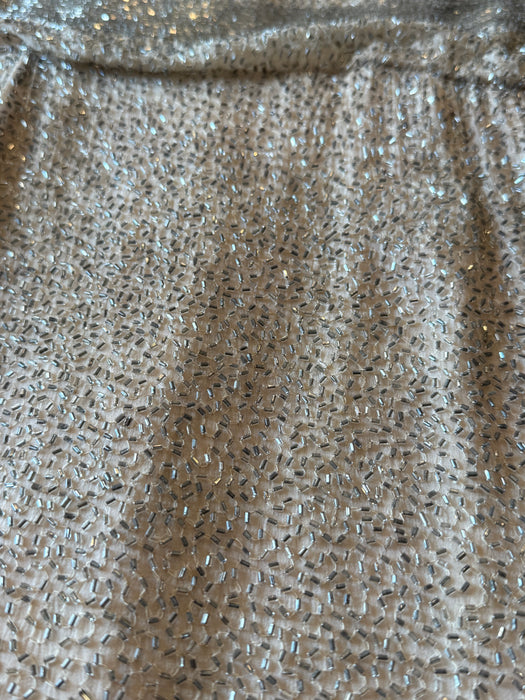 Elegant Early 1960's Silver Glass Beaded Cocktail Dress Over Nude Illusion Silk Chiffon / SM