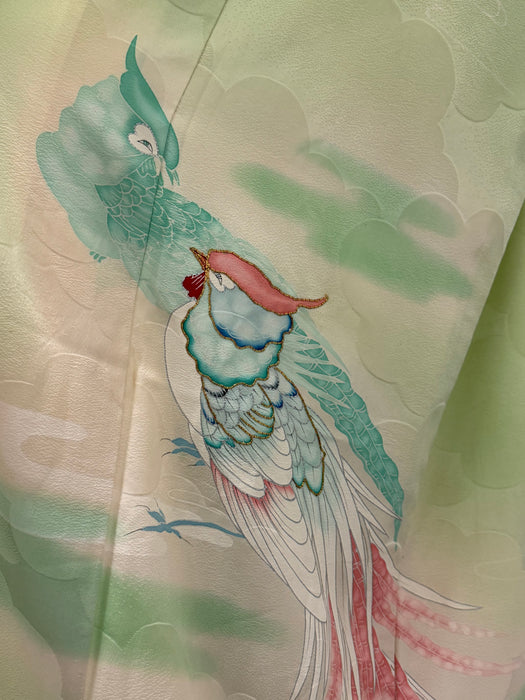 Stunning Vintage Celadon Green Silk Kimono With Hand Painted Birds / OS