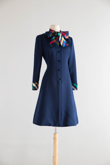 Fantastic 1960's Rizkallah for Malcolm Starr Navy Dress With Rainbow Bow & Cuffs / ML
