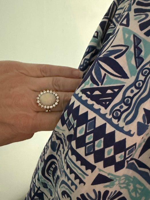 Beautiful Blue 1950's Hawaiian Cotton Halter Neck Dress In Shades of Blue / L AS-IS