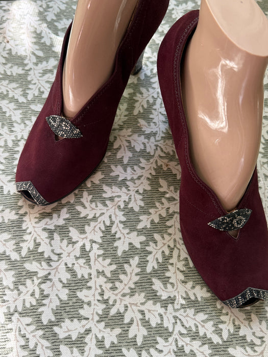 Killer 1940's Malaga Suede & Lizard Peep Toe Pumps By Krupp's / 7B