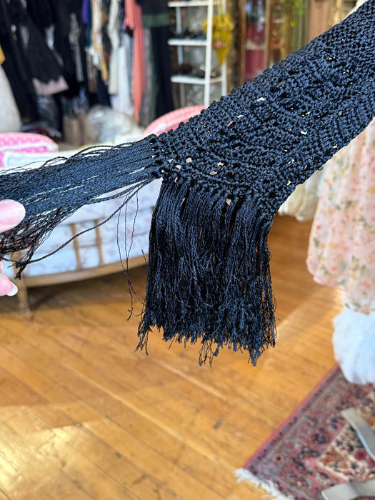 Sinuous 1920’s Black Silk Geometic Crochet Fringed Evening Dress Robe / Small