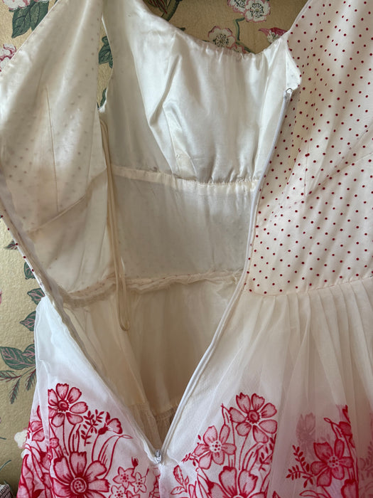 The Sweetest Late 1950's Red & White Swiss Dot Flocked Cupcake Party Dress / S