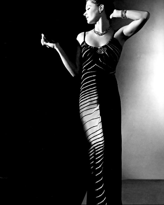 Attributed to Madame Grès “Zebra” Silk Evening Dress, circa 1938, Similar to the gown photographed by George Hoyningen-Huene for Harper’s Bazaar, worn by Lisa Fonssagrives/ S