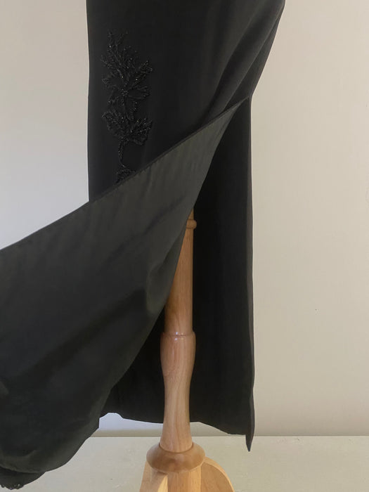 Dramatic 1960's Black Hourglass Evening Dress With Beading and Slit / Medium