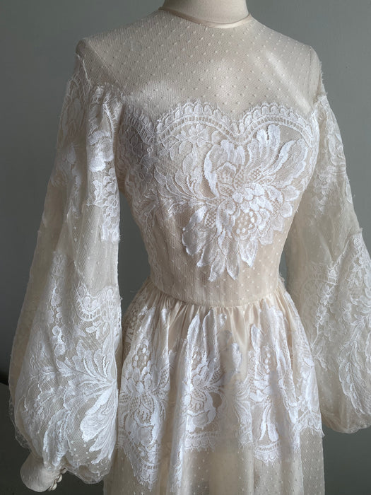 Romantic Vintage Couture Silk Wedding Gown With Bishop Sleeves and French Lace / S