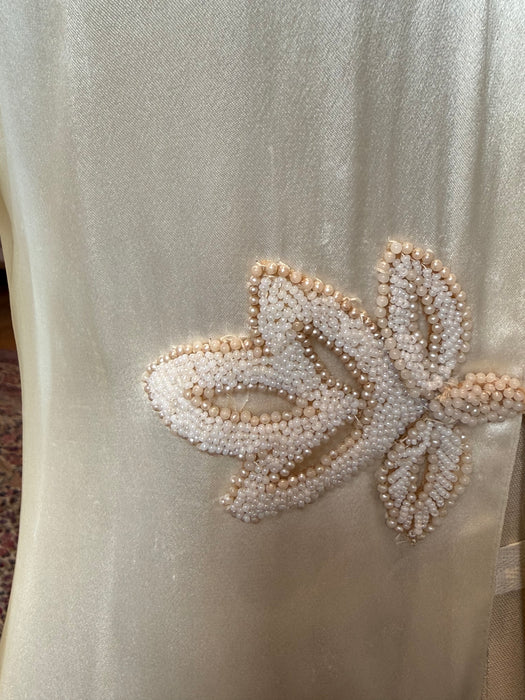Gleaming 1930's Ivory Satin Crepe Wedding Coat With Lace Sleeves & Train / Extra Small