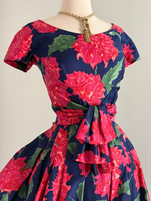 Gorgeous Late 1950's Midnight Blue Floral Print Cocktail Dress In Polished Cotton / M
