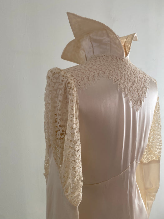 Gleaming 1930's Satin Bias Cut Lace Wedding Gown With Lace Sleeves and Xtabay Vintage Gleaming 1930's Satin Bias Cut Lace Wedding Gown With Lace Sleeves and Xtabay Vintage