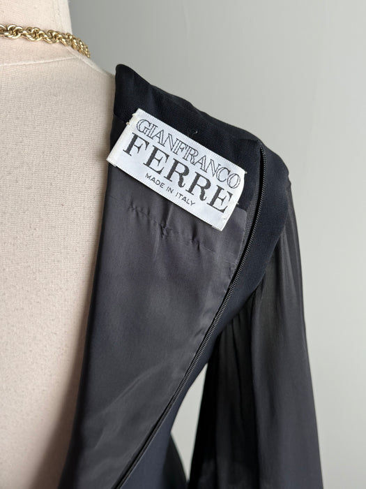 Late 80's Gianfranco Ferré Silk Dress with Sheer Bishop Sleeves & Gilt Buttons / SM