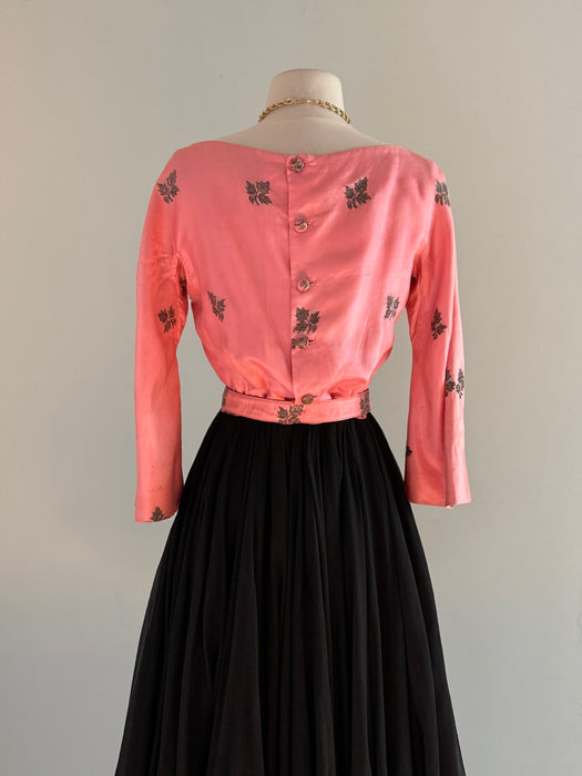 Stunning 1950’s Traina-Norell Pink & Black Sari Silk Cocktail Dress / XS