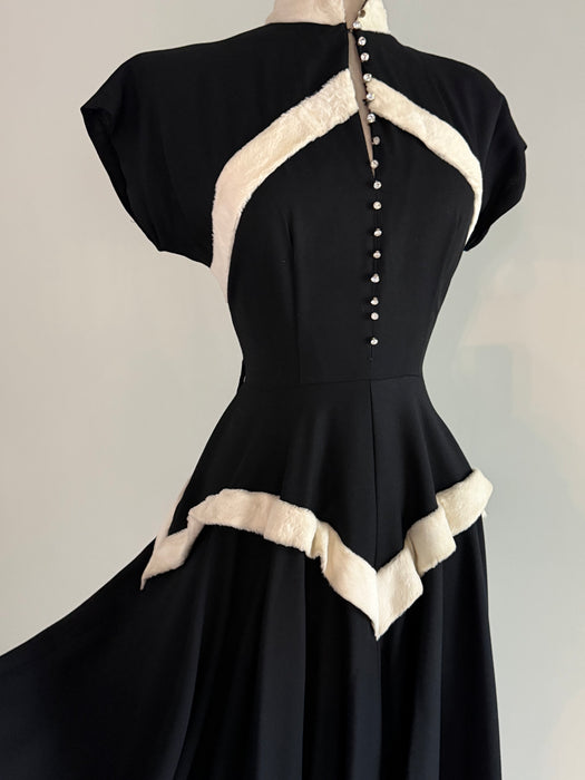 Stunning Late 1940's Rayon Party Dress With Faux Fur Defined Corset Bodice / M