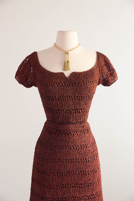 Beautiful 1940's Hand Crochet Dress in Chestnut / M
