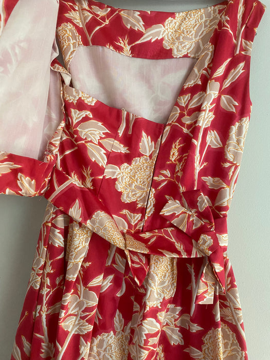 Rare Early 1960's Christian Dior Polished Cotton Peony Print Cocktail Dress / Small