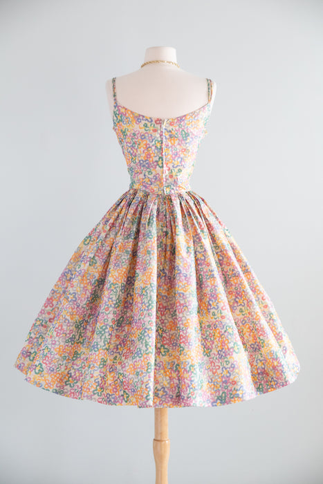 Enchanting 1950’s Pastel Garden Silk Floral Party Dress With Pockets! / Small