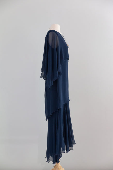 Rare Vintage Holly’s Harp Navy Silk Chiffon Tiered Gown / M